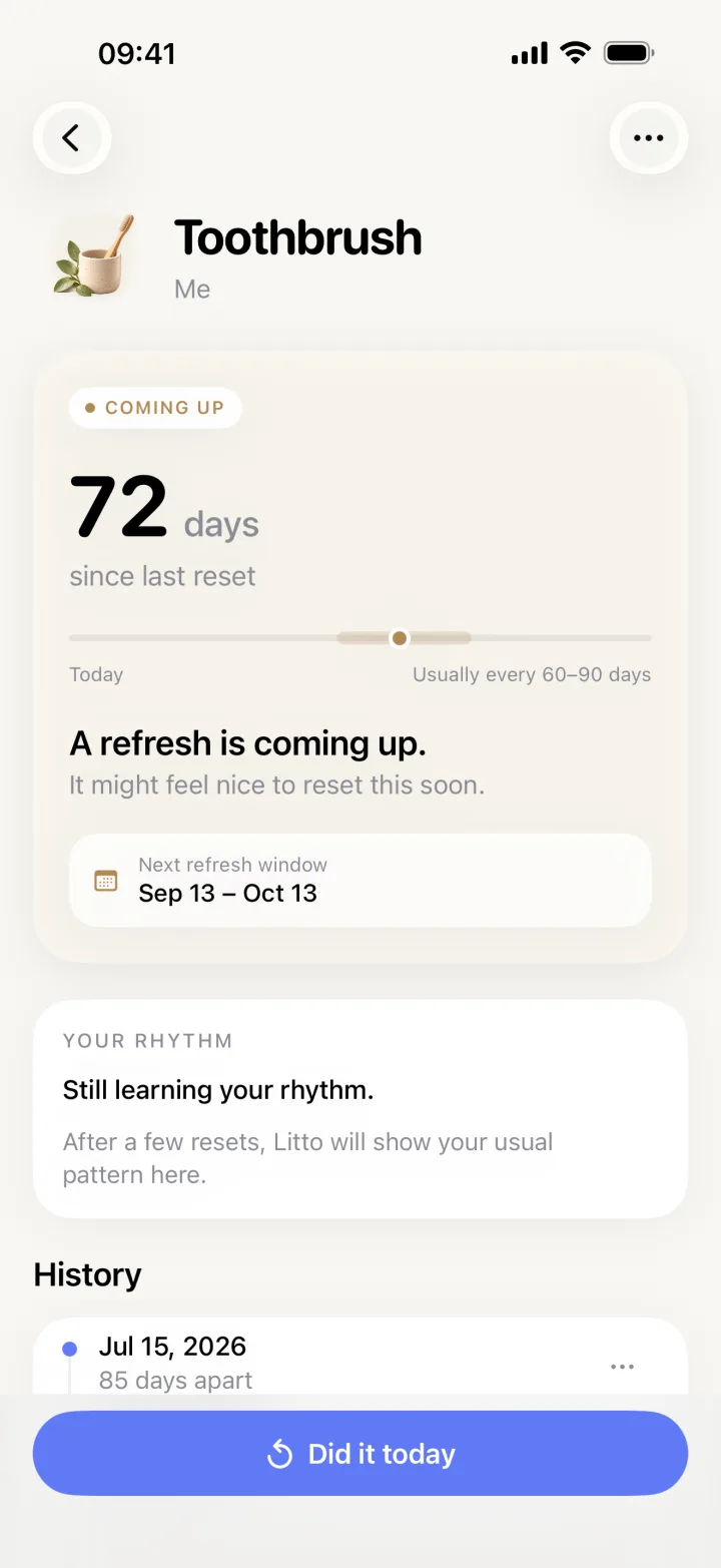 Detail view showing days since last time and the usual rhythm