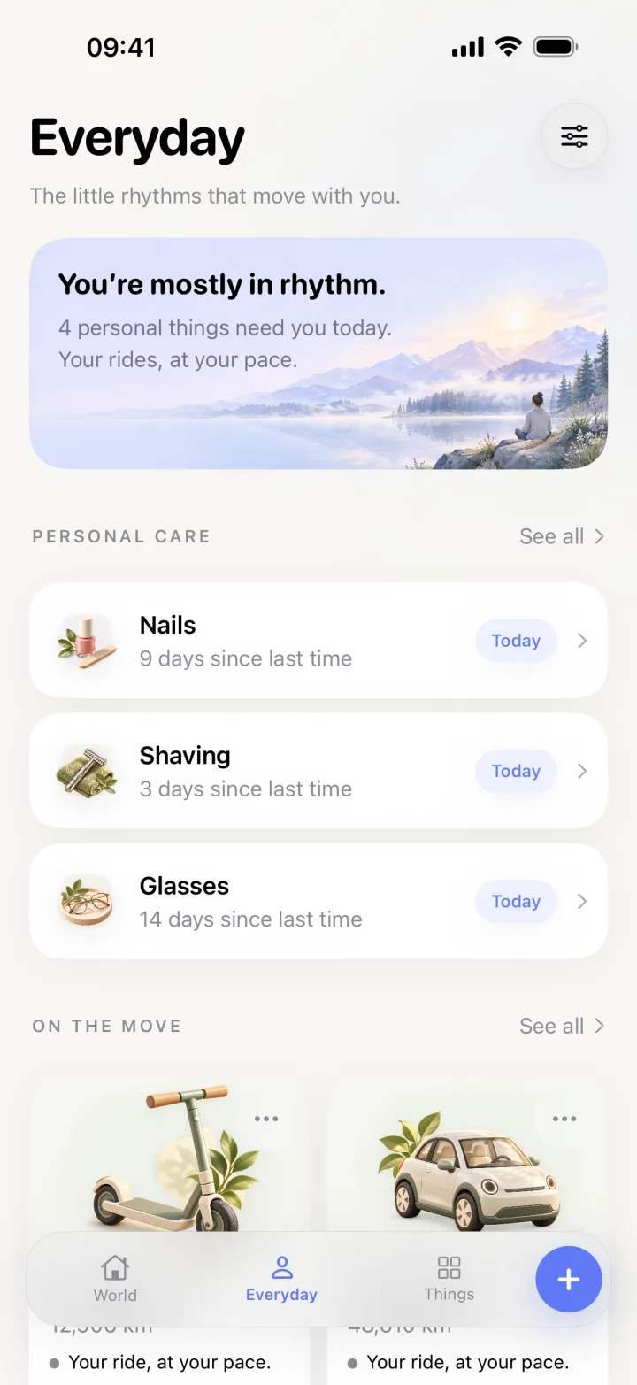 Everyday tab with personal care routines