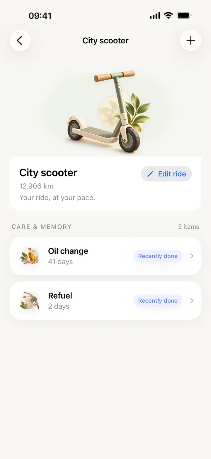 Ride card with fuel and care history