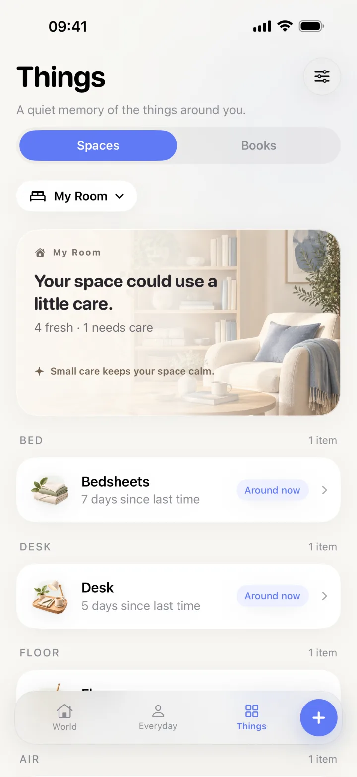 Things tab grouped by spaces around your room
