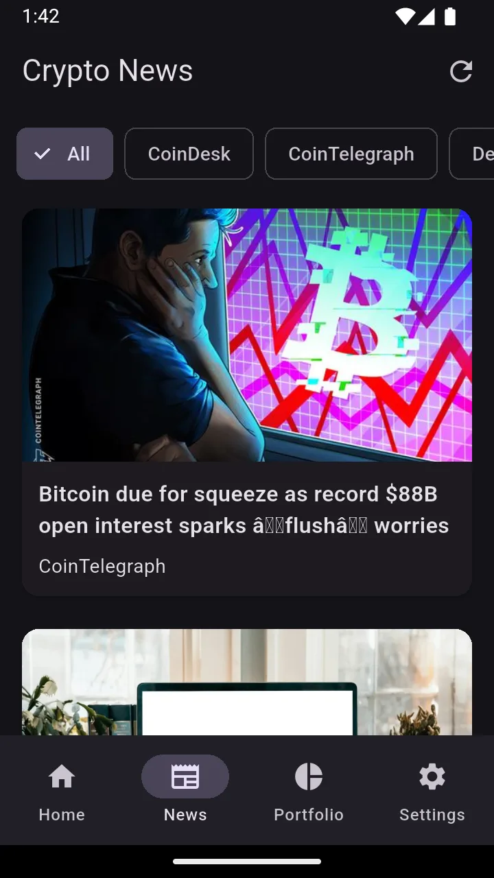 Crypto news feed filtered by source