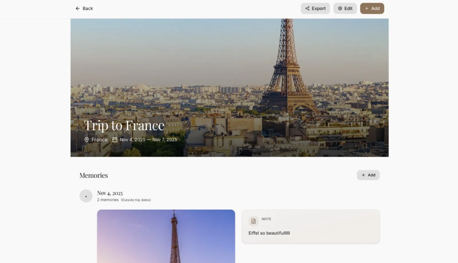 Travel Memory Studio trip page with a cover photo of Paris and a memories timeline