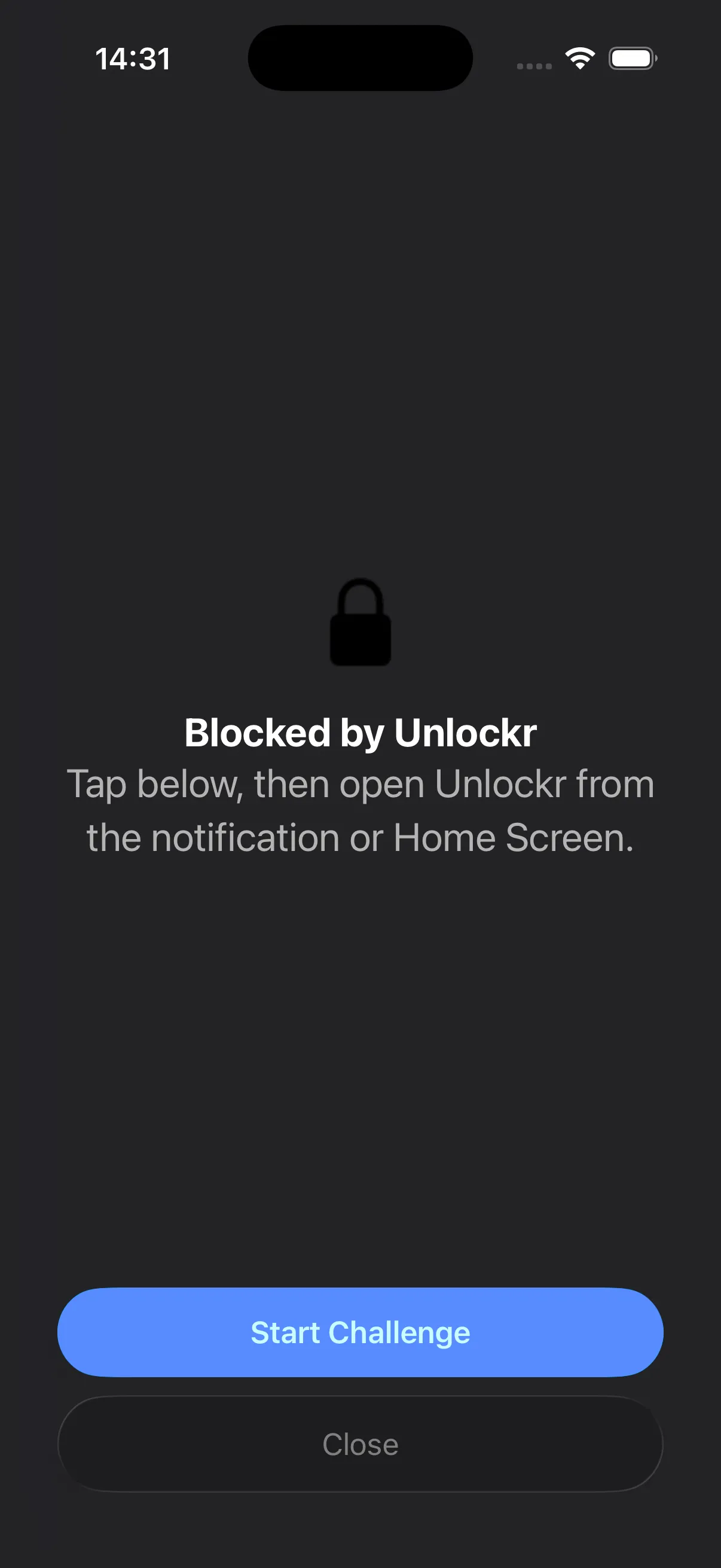 Shield screen shown when opening a locked app